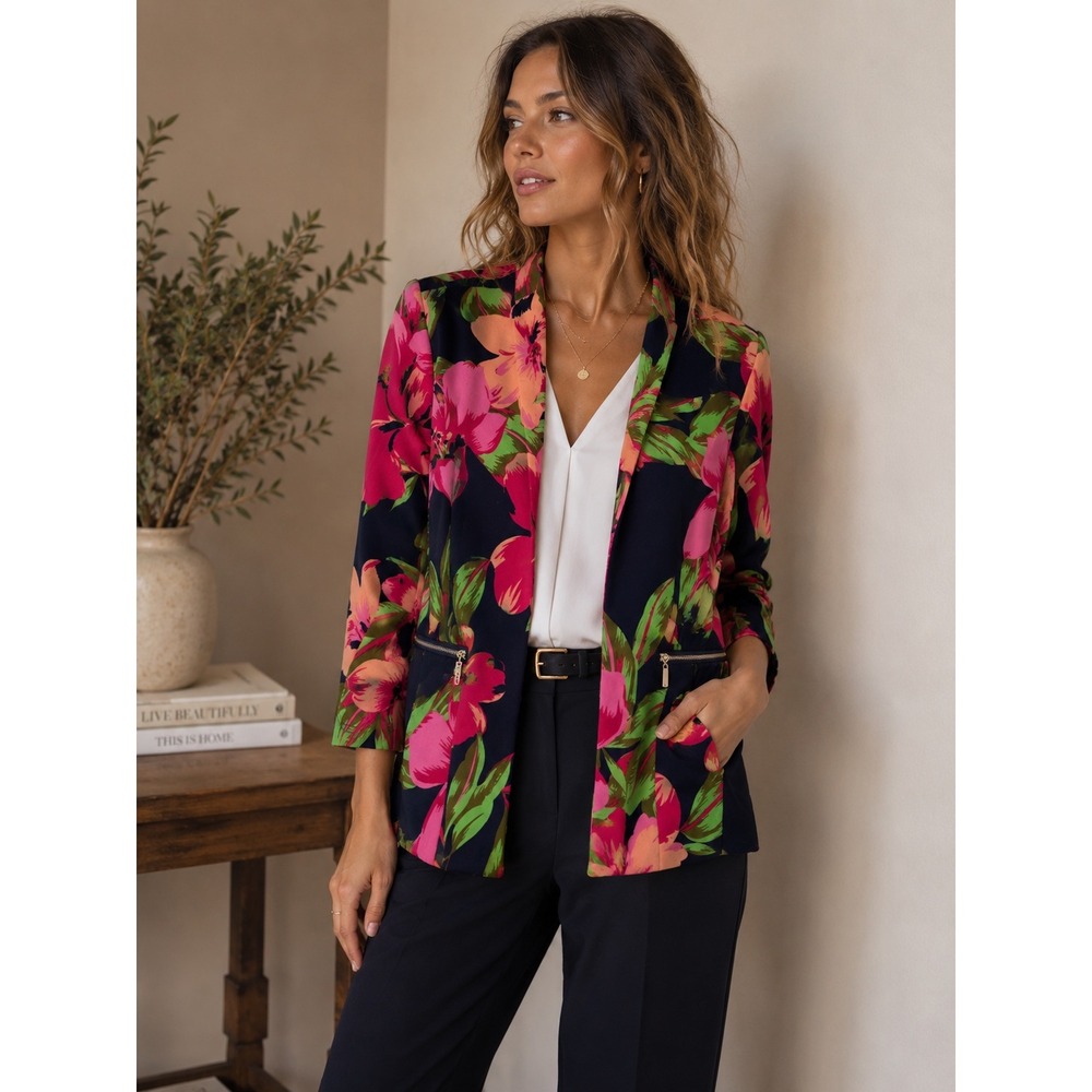 Fashion Model Navy Tropical Floral Open Front Blazer 3/4 Sleeve 1XL Style 9083